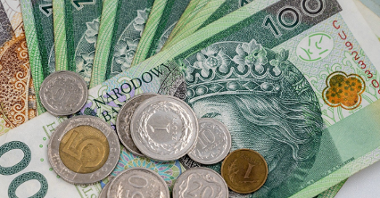 Zdjęcie przedstawia polskie banknoty i monety.